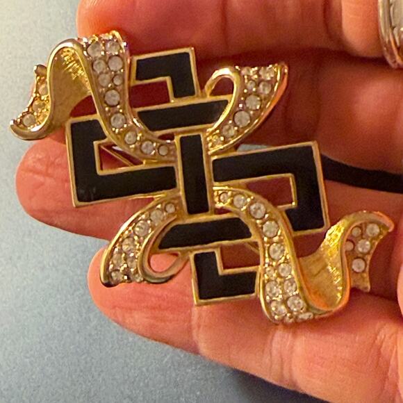 Swarovski Gold Tone Black Enamel Rhinestone Pin Brooch - Picture 7 of 7